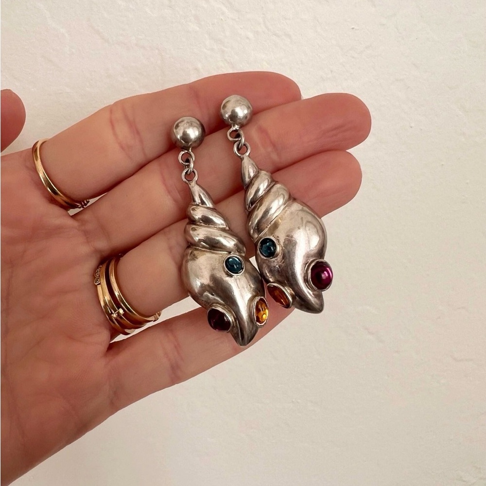 Sterling Silver Shell Drop Earrings with Colorful Gem Accents
